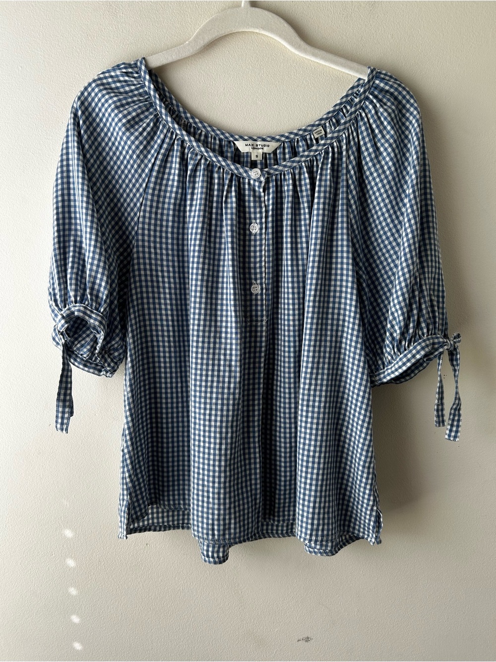 Peasant Cottagecore Prairie Max Studio Blouse Top Gingham Check Blue White S